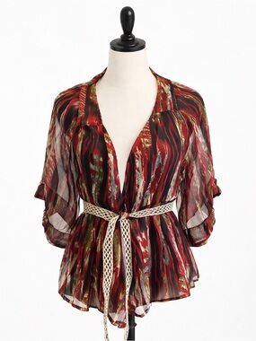 Daytrip Sheer Red Multi-Stripe V-Neck Blouse with Belt
